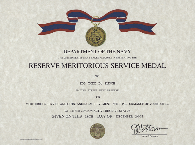 Navy Reserve Meritorious Service Medal Certificate