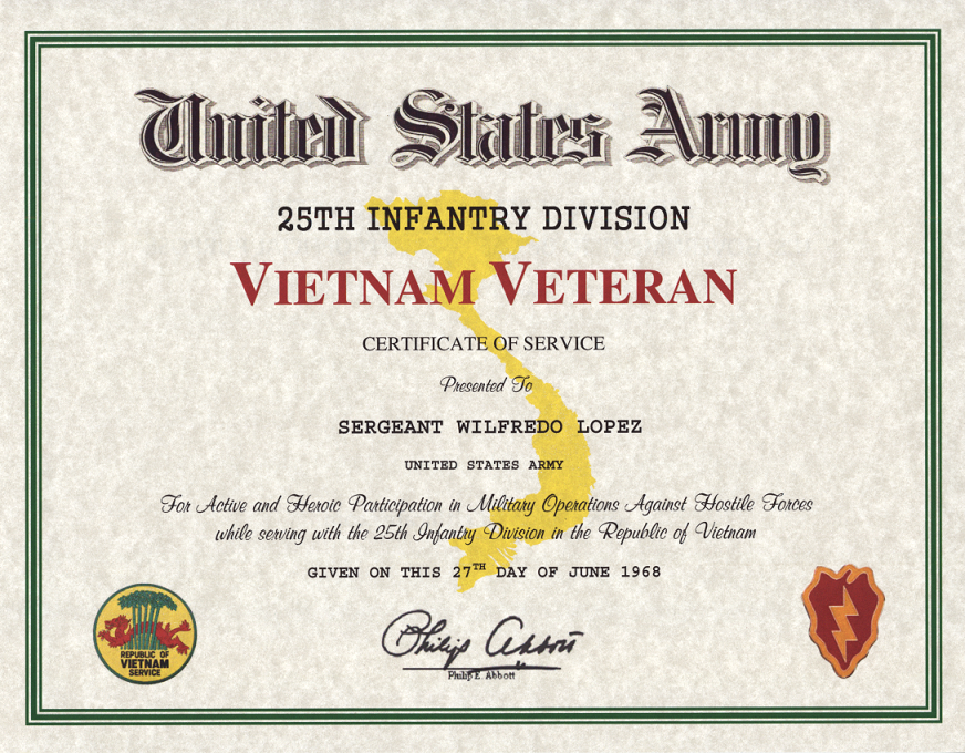 25th Infantry Division Vietnam Veteran Certificate